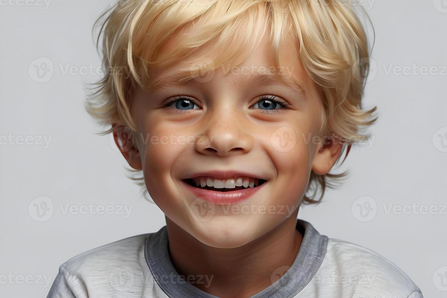 ai généré studio portrait de un adorable Jeune garçon avec désordonné blond cheveux souriant. photo