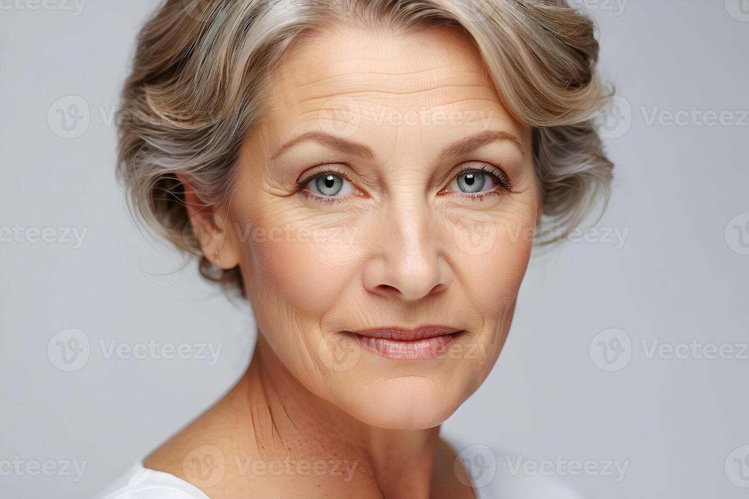 ai généré studio portrait de une sophistiqué personnes âgées femme avec court gris cheveux et bleu yeux. photo