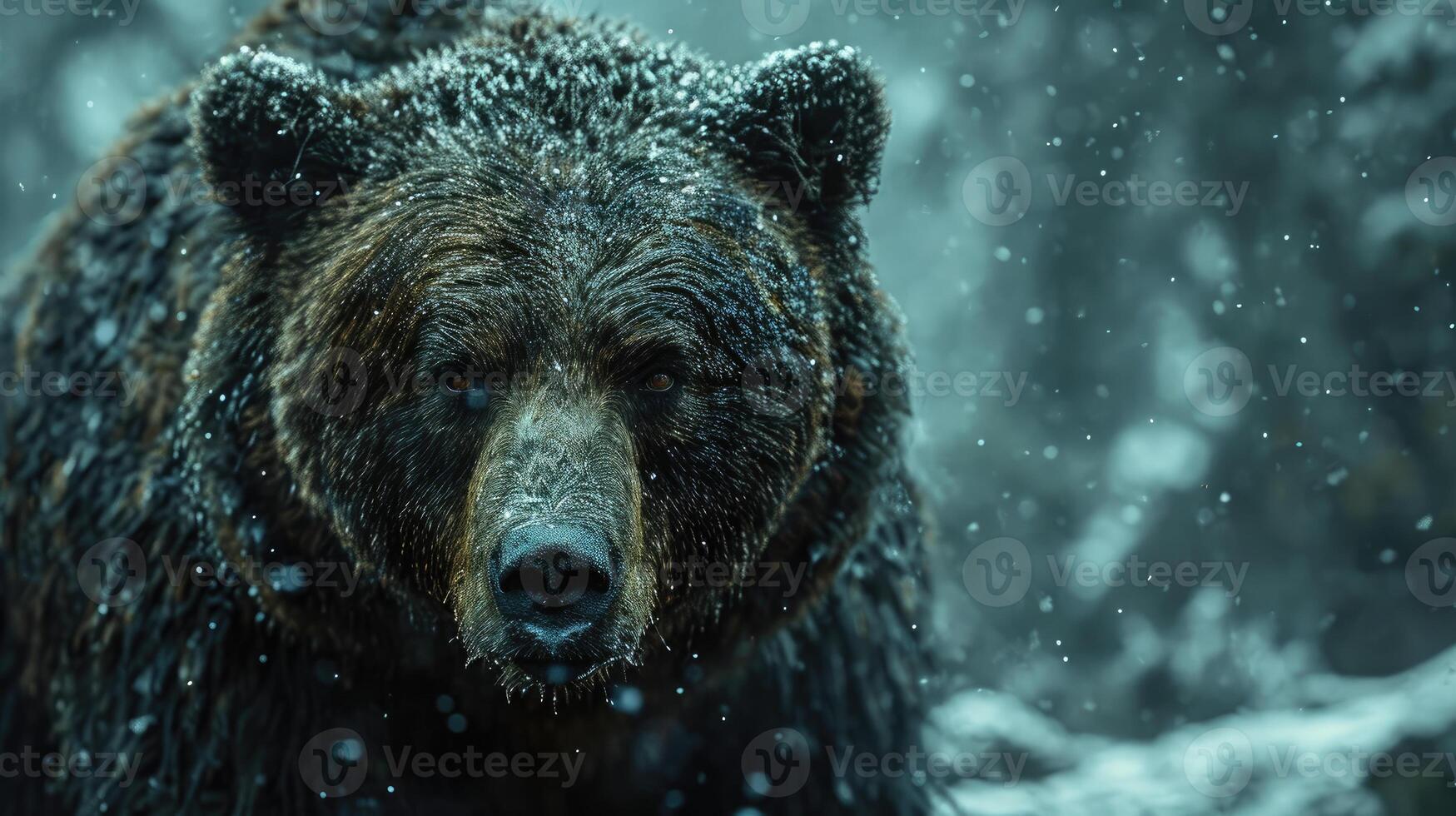 ai généré marron ours avec foncé fourrure des stands dans une neigeux forêt dans sibérien neigeux Contexte. photo