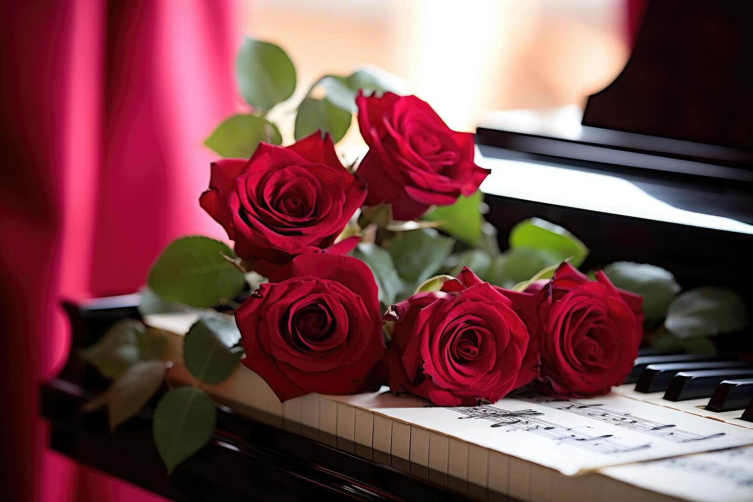 ai généré magnifique des roses mis sur une piano symboliser brillant, joyeux l'amour sur chaque occasion et la Saint-Valentin journée festival, mignonne photo