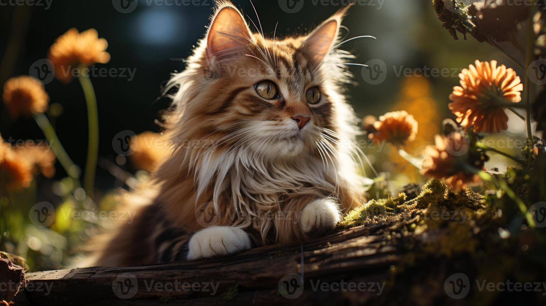 ai généré mignonne gingembre Maine nègre chat dans été jardin. photo