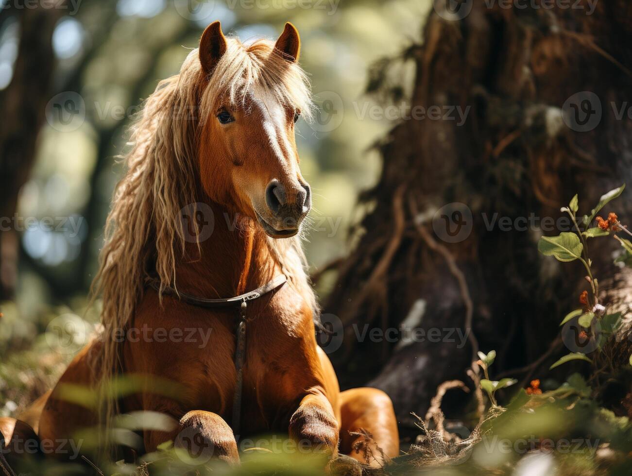 ai généré portrait de une cheval dans le forêt. photo