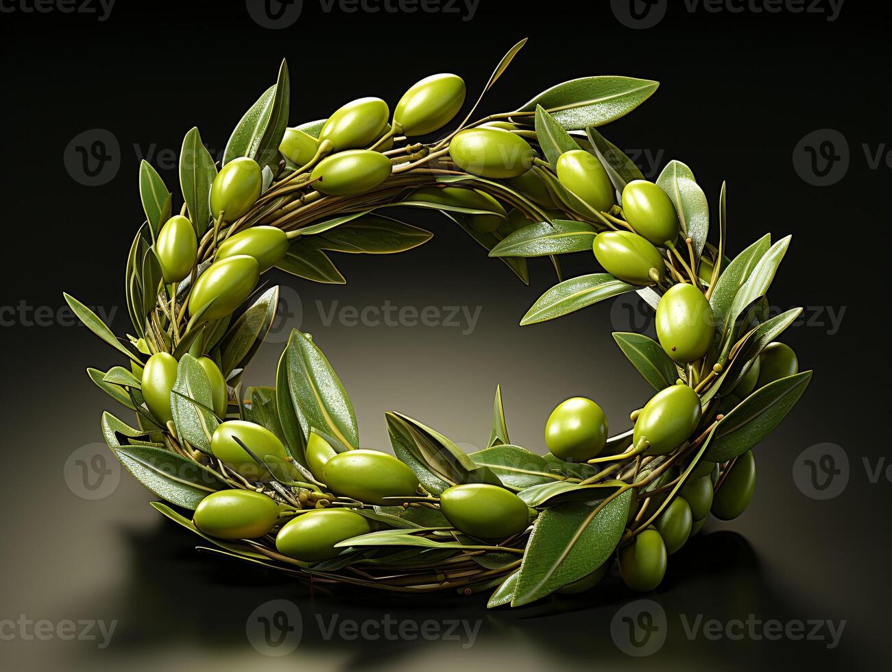 ai généré la nature couronne avec vert feuilles et Olives sur noir Contexte photo