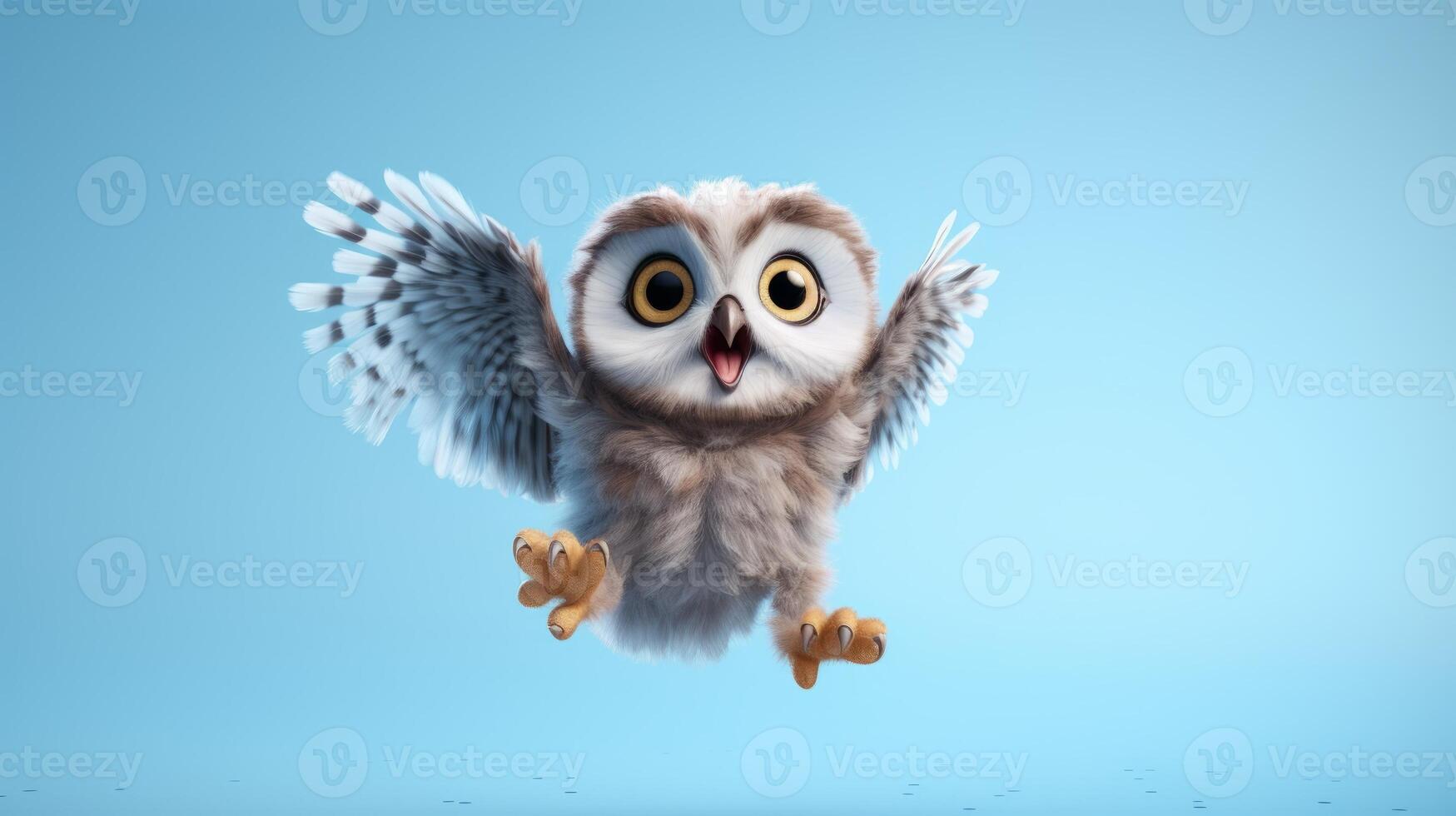 ai généré en volant mignonne peu hibou personnage sur bleu ciel Contexte. photo