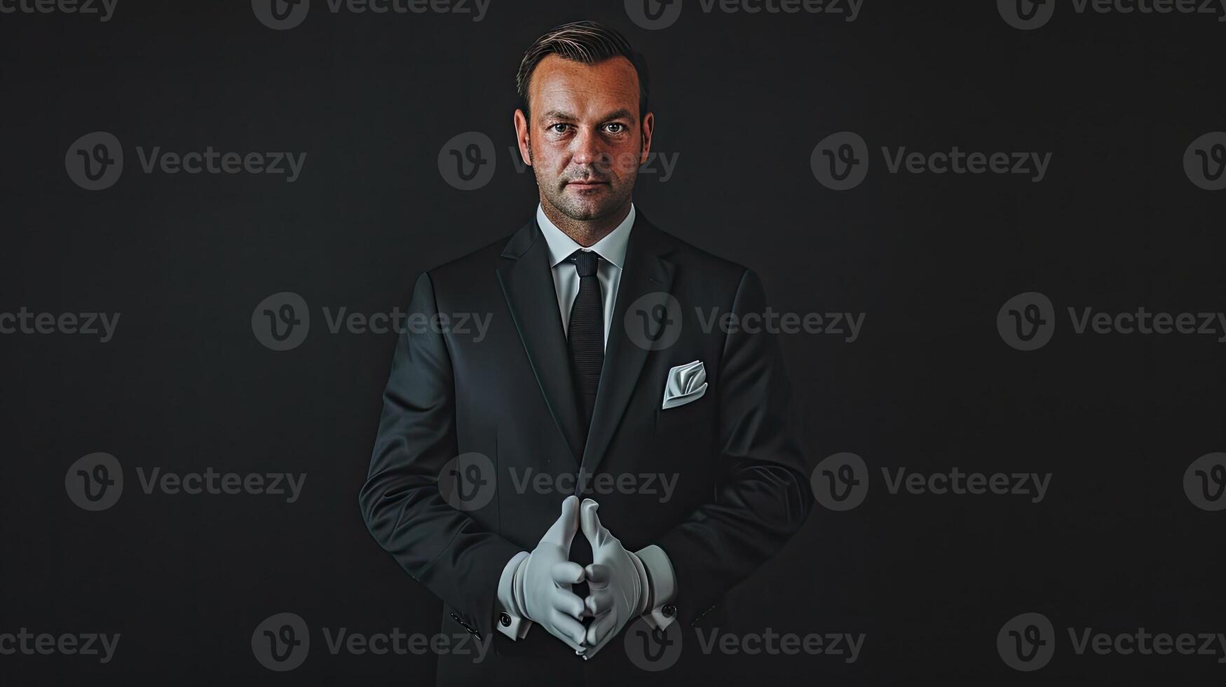 ai généré portrait de gentilhomme dans foncé costume et blanc gants permanent sur noir Contexte. photo