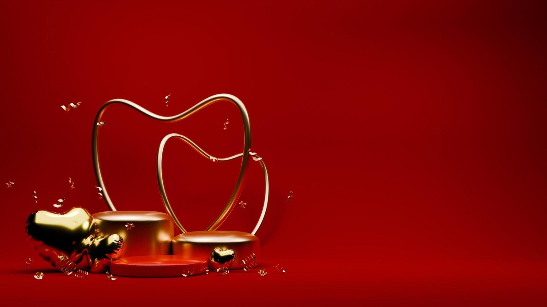 3d rendu rouge et or Valentin à thème podium afficher avec de confettis et l'amour des ballons pour bannière modèle photo