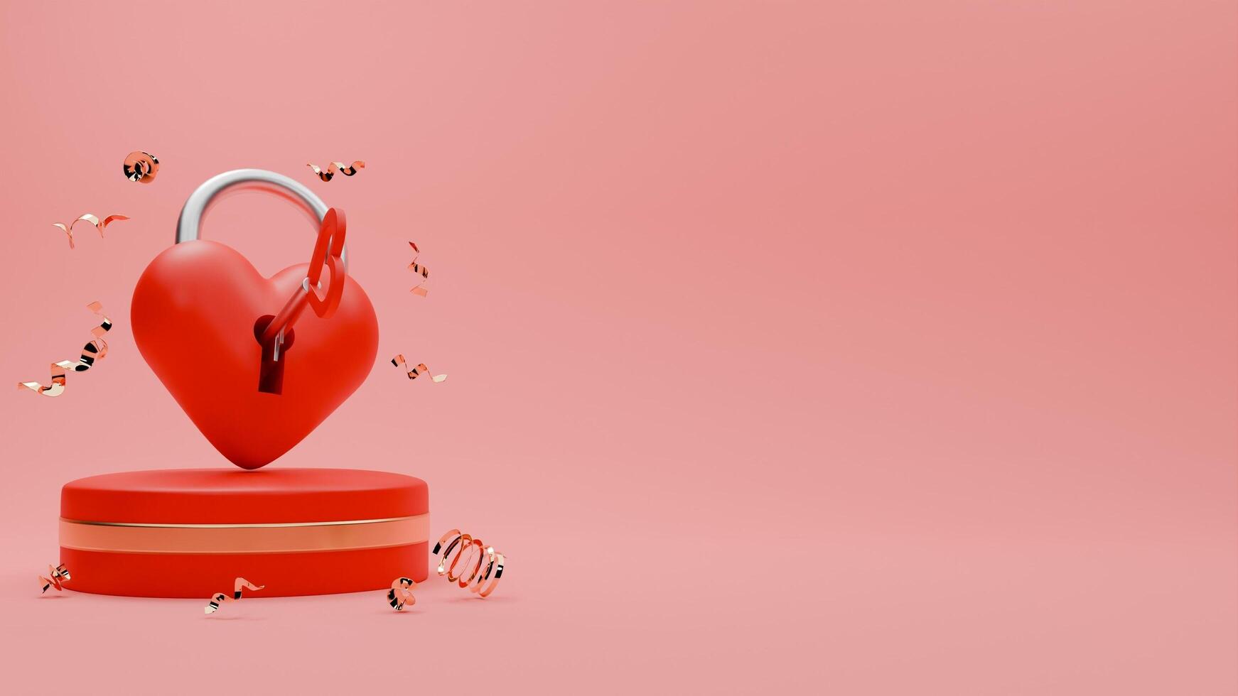 3d rendu rouge et or Valentin à thème de l'amour fermer à clé et confettis pour bannière modèle photo