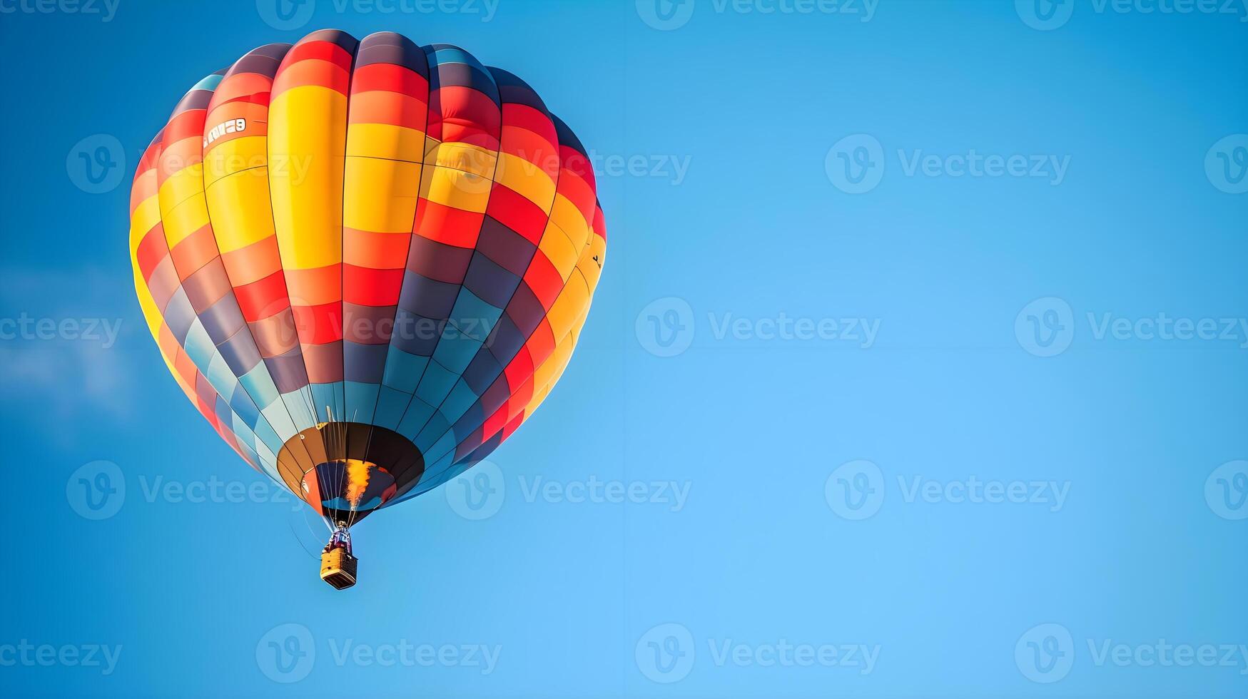 ai généré une coloré chaud air ballon en volant par une bleu ciel photo