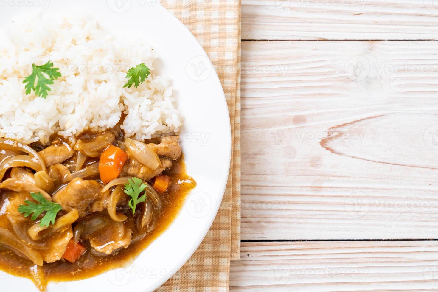 riz au curry japonais avec tranches de porc, carottes et oignons photo