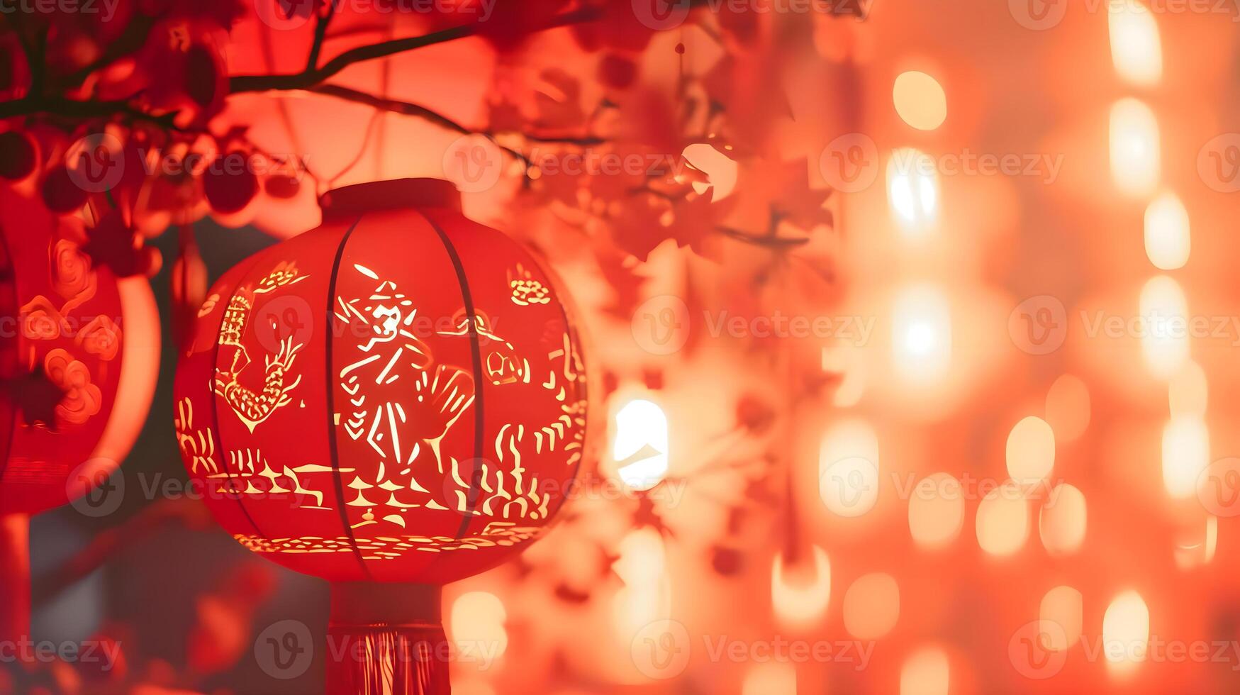 ai généré une rouge papier lanterne est pendaison de une arbre photo