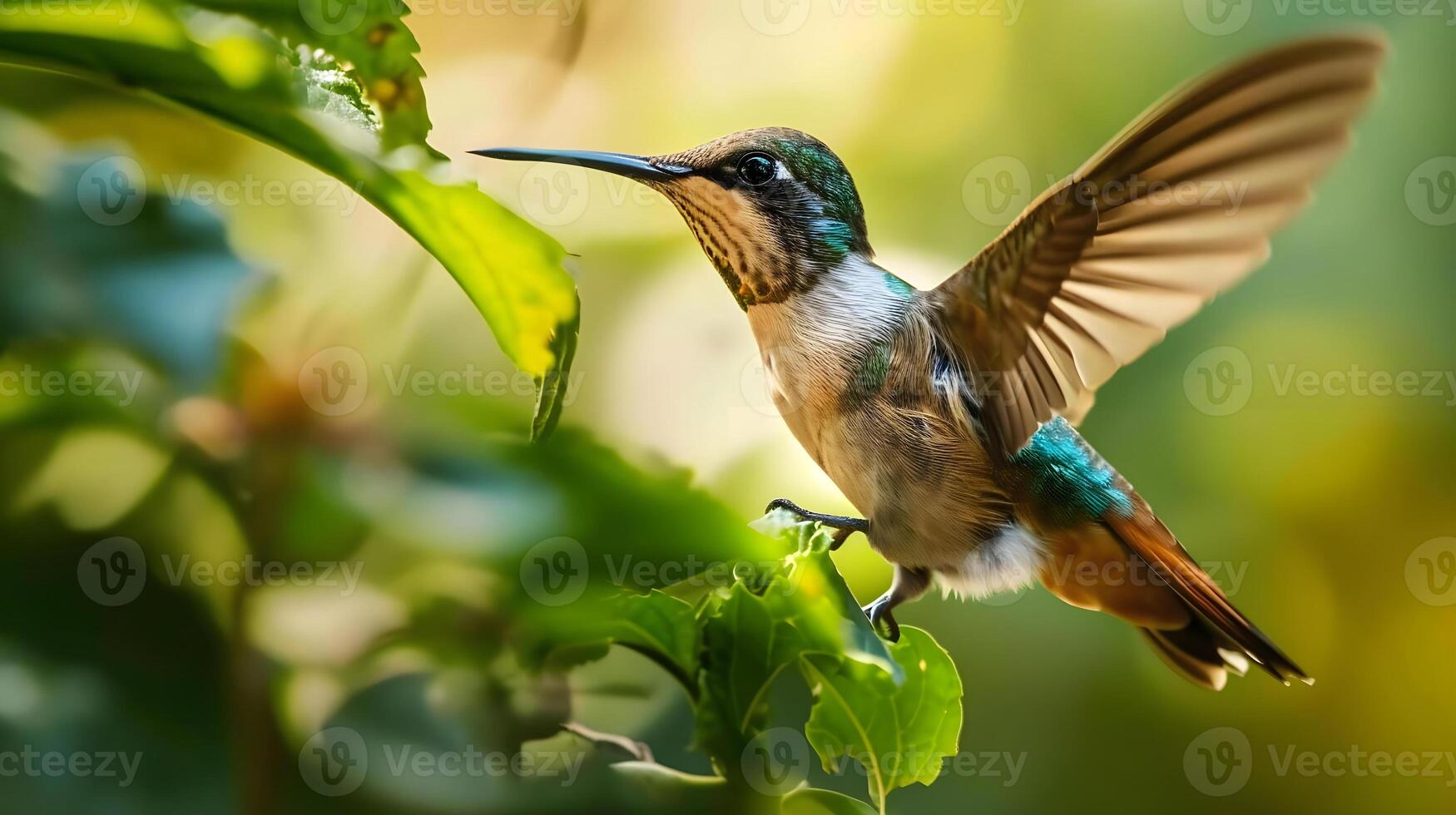 ai généré une colibri perchoirs sur une branche de une arbre photo