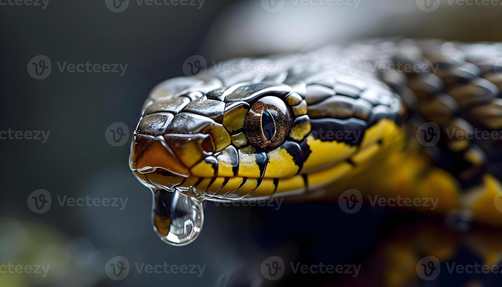 ai généré une proche en haut de une Jaune et noir serpent photo