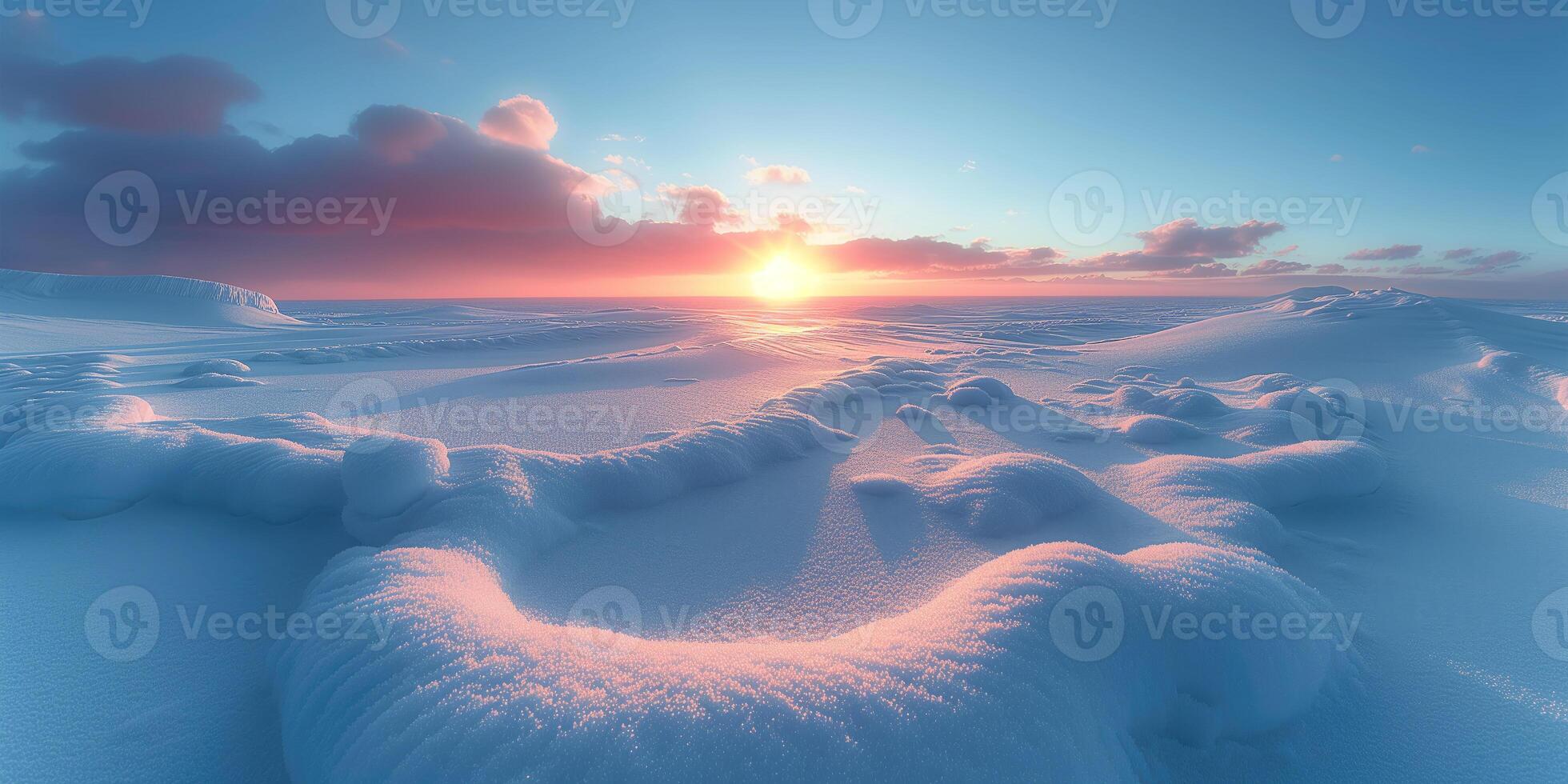 ai généré du froid Aube plus de neigeux Arctique paysage avec buttes photo