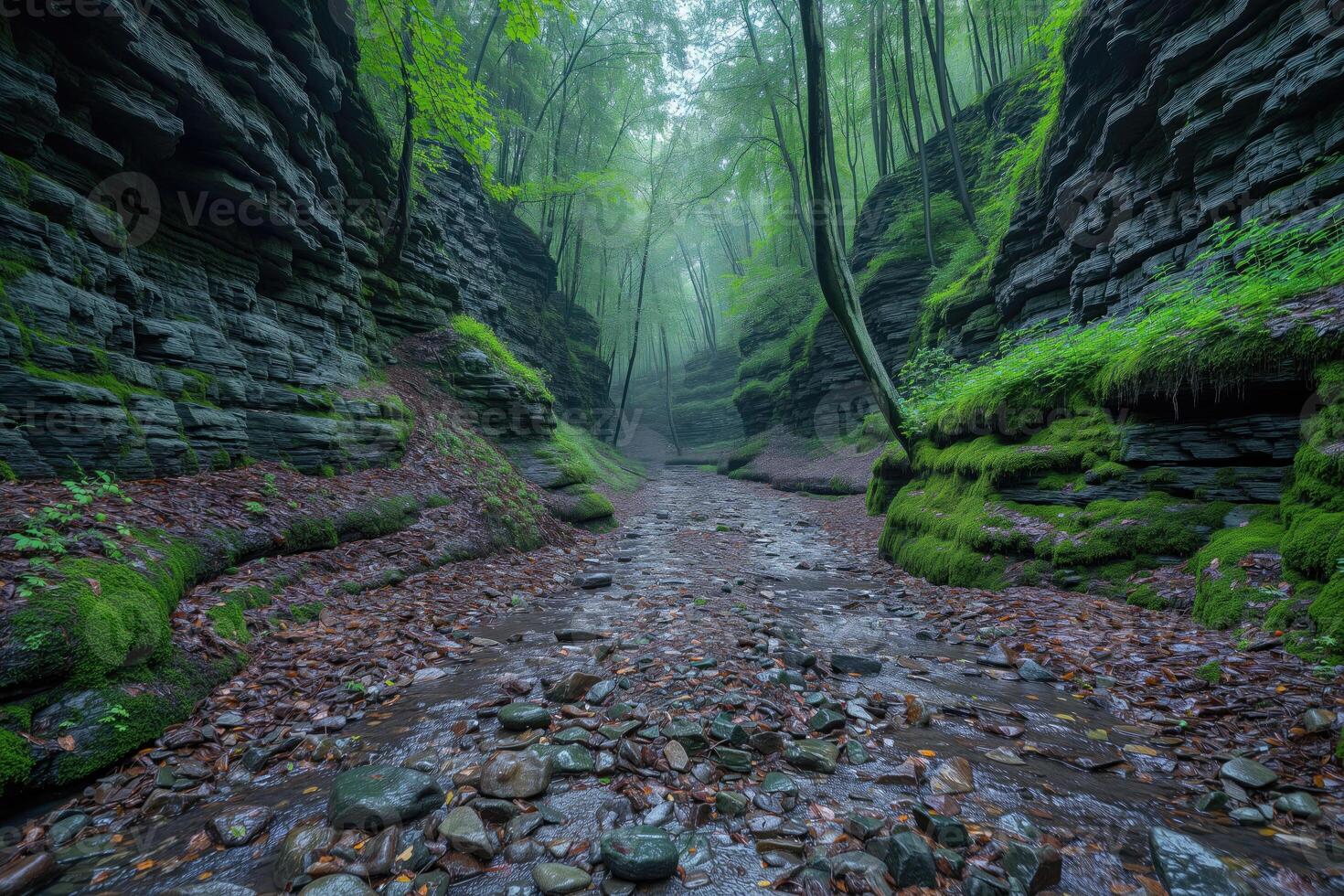 ai généré rocheux canyon de une Montagne courant dans le forêt photo