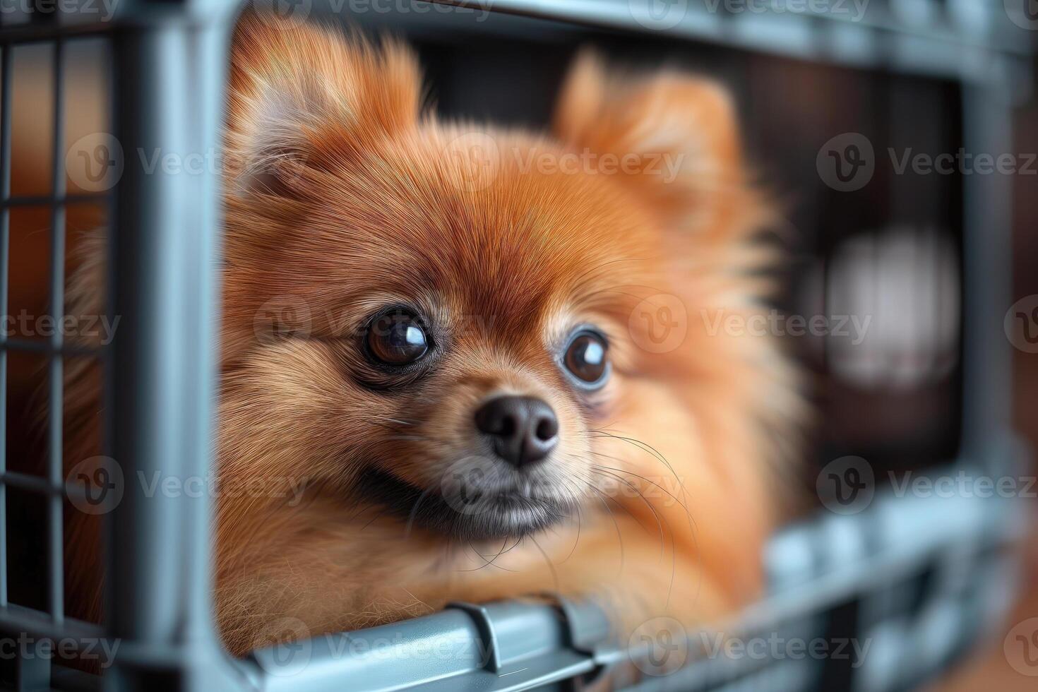 ai généré poméranien loulou chien dans une animal de compagnie transporteur prêt à voyage photo