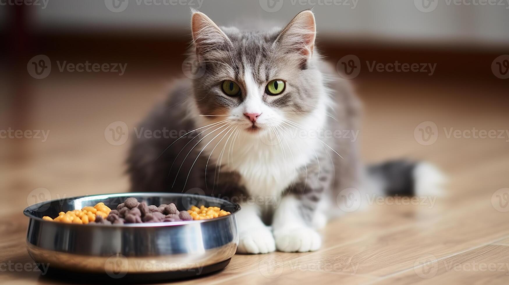 ai généré mignonne chat en mangeant sec nourriture de bol. sélectif se concentrer. photo