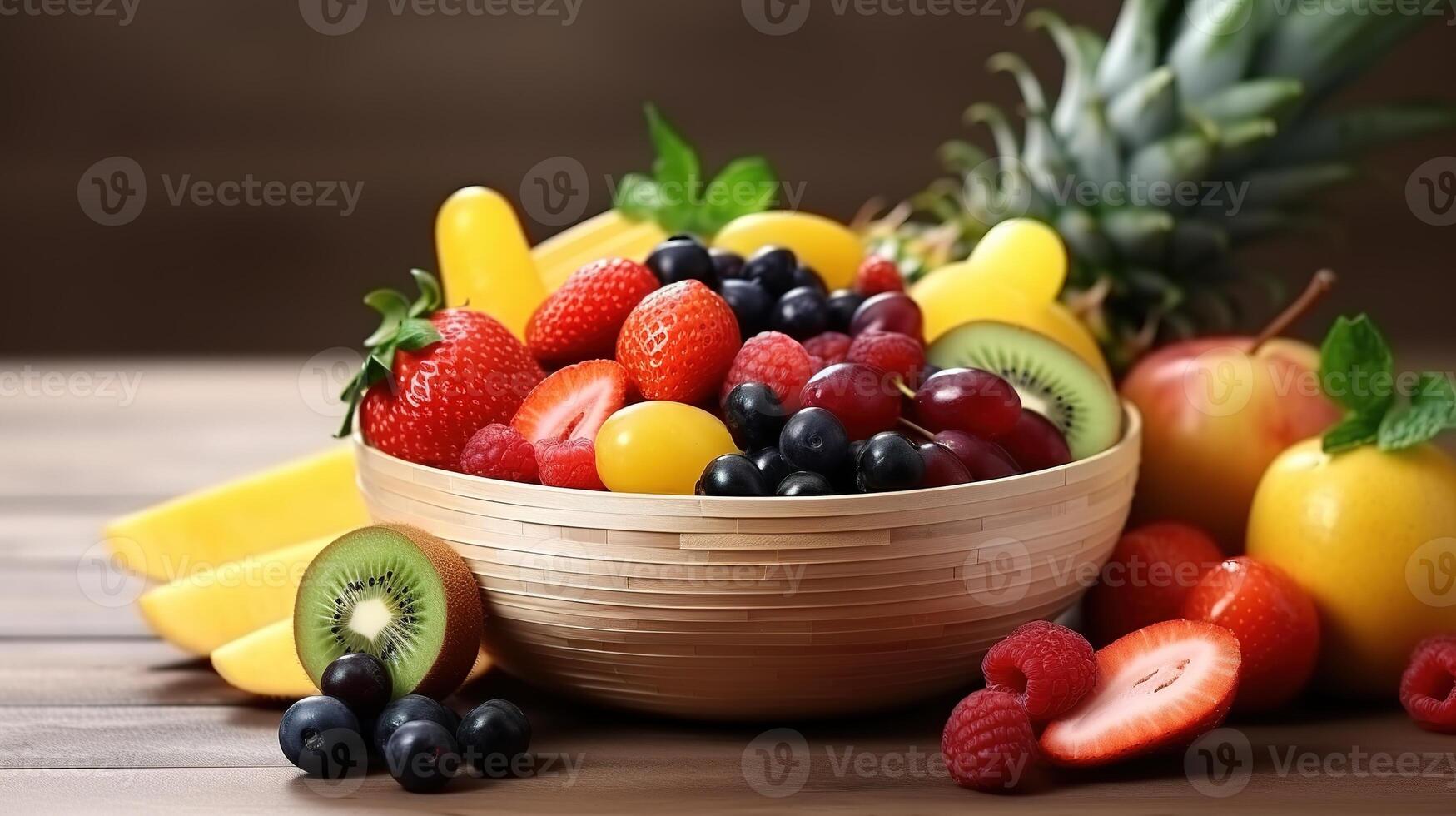 ai généré mélanger de Frais des fruits et baies dans une panier sur une en bois table photo