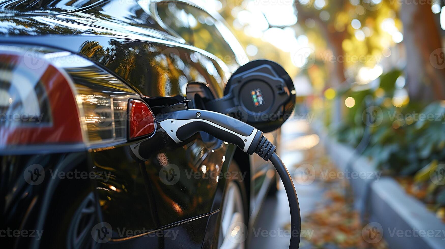 ai généré électrique voiture étant rechargé à ev mise en charge station photo