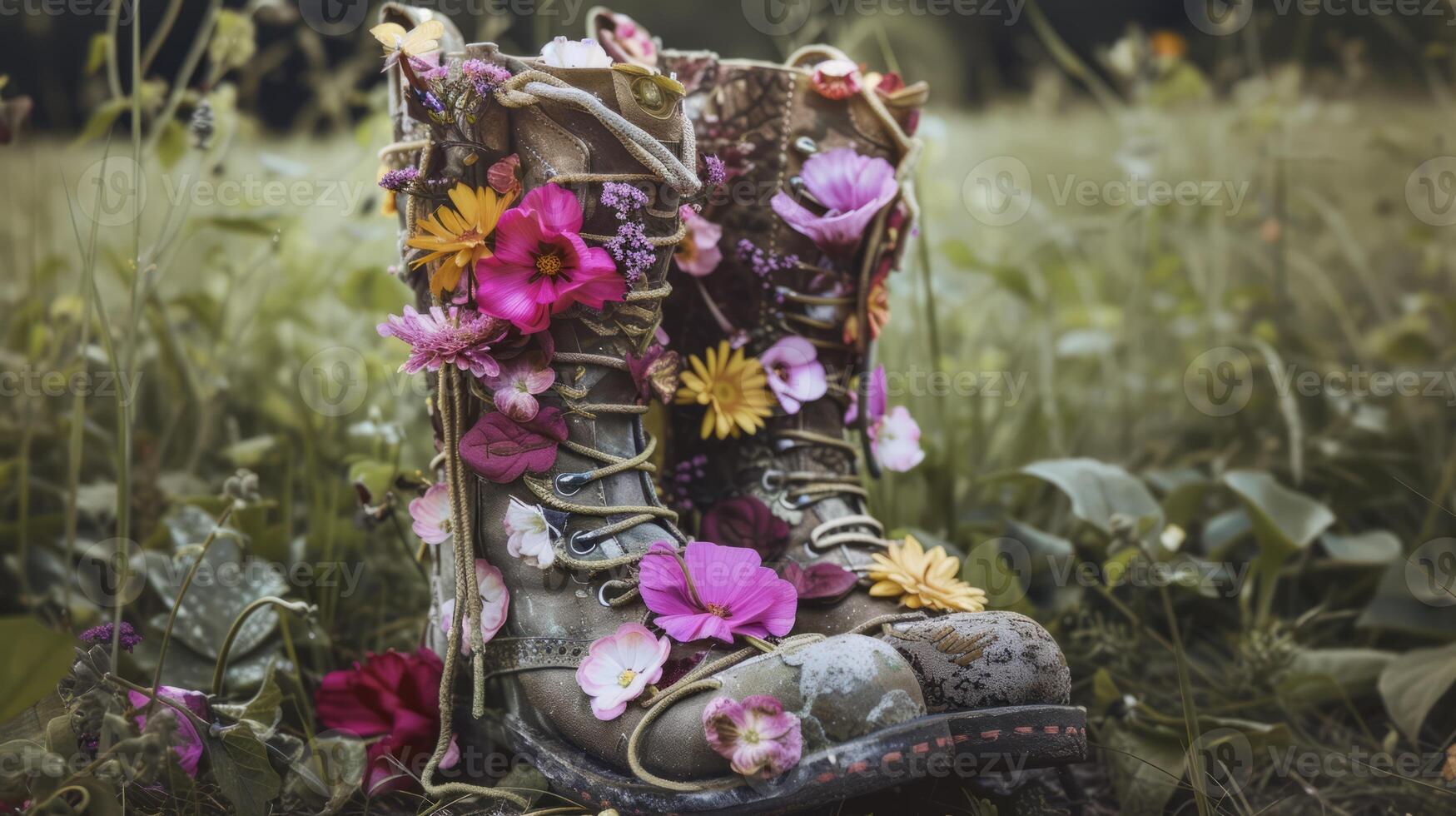 ai généré bottes déposé avec fleurs photo