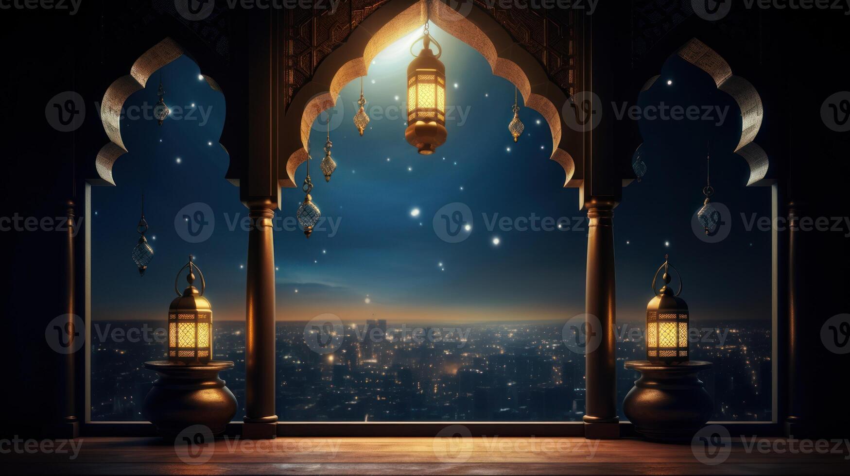 ai généré arabe nuits fenêtre vue surplombant ville photo