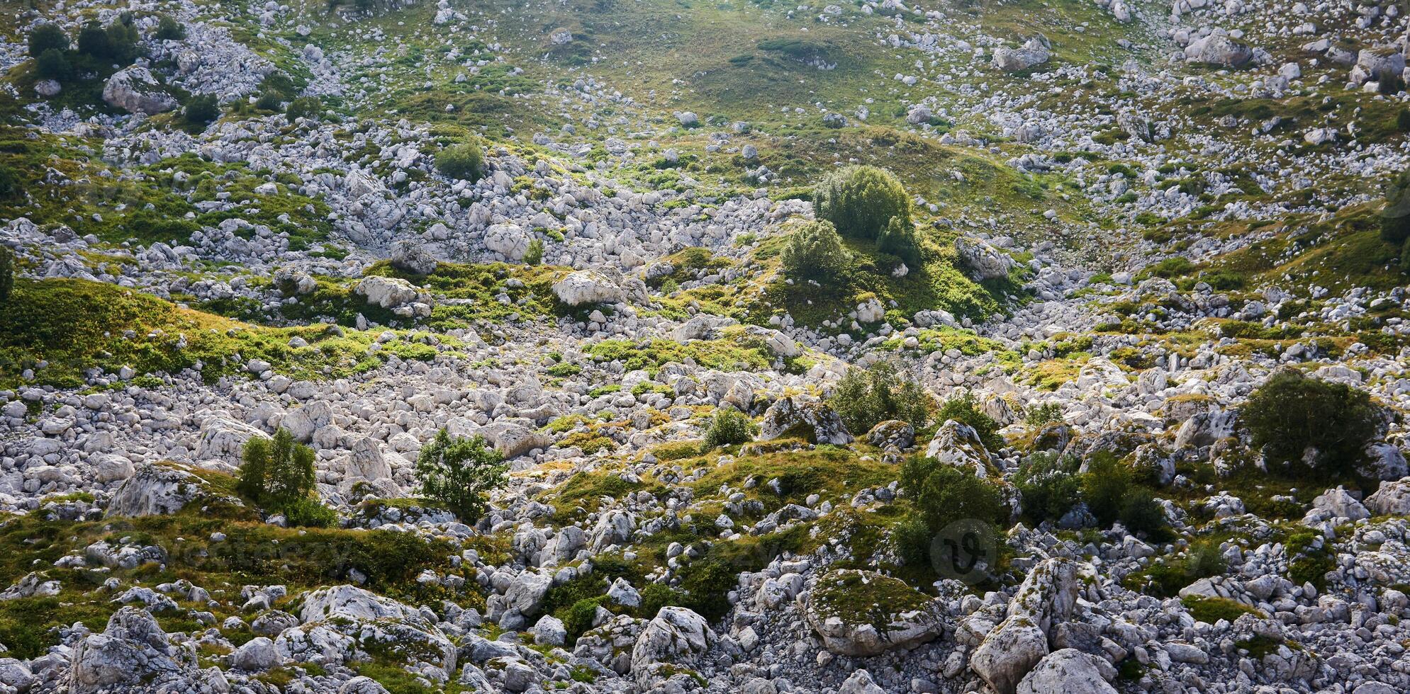 vert rocheux Montagne plateau dans rayons de soleil photo