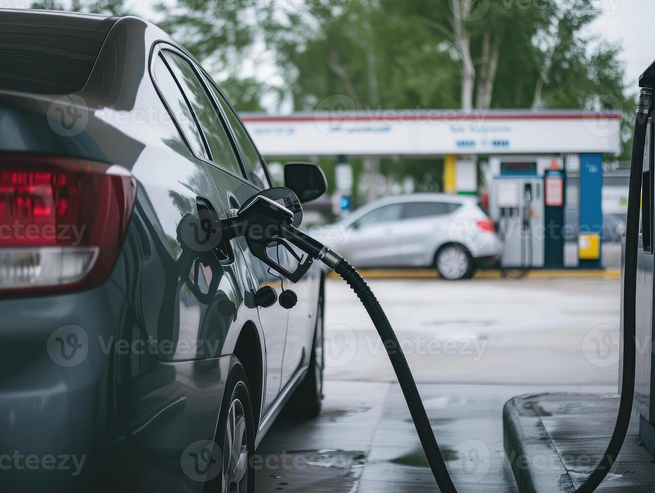 ai généré gris voiture à gaz station étant rempli avec carburant photo