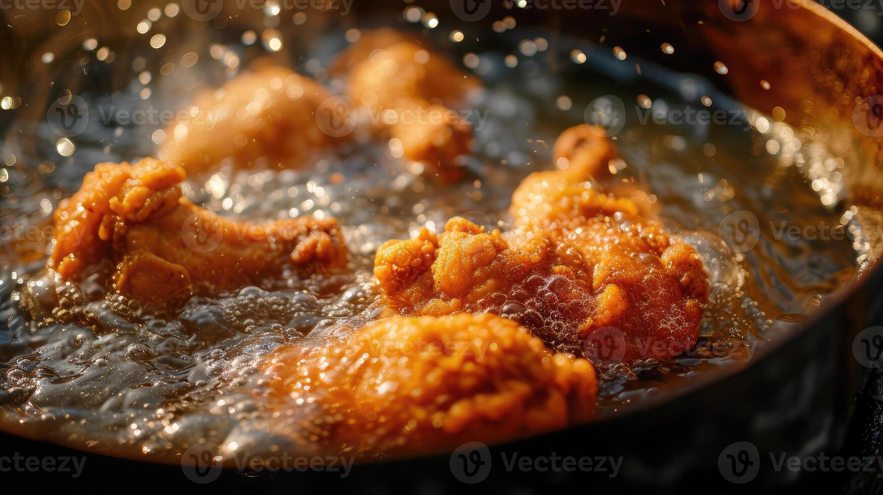 ai généré frit poulet dans le ébullition huile. mauvais pour la santé nourriture, rue nourriture, poulet frit dans le cuisine huile. d'or couleur, Accueil cuisine délicieux croustillant vite aliments. photo