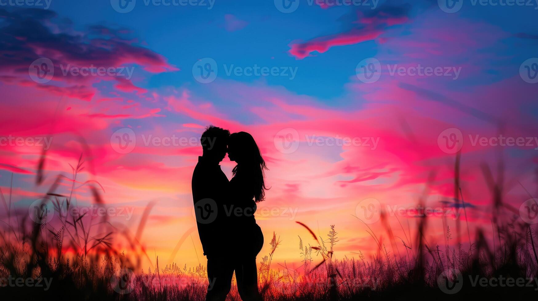 ai généré silhouette romantique couple les amoureux étreinte et baiser à coloré le coucher du soleil sur Contexte l'amour concept photo