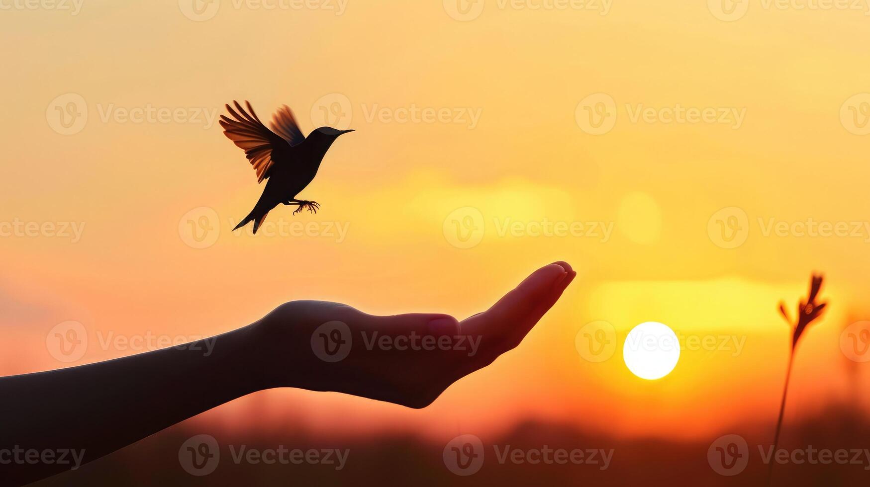 ai généré silhouette de oiseau en volant en dehors de fille enfant main sur magnifique Contexte liberté concept international travail femmes39s journée photo