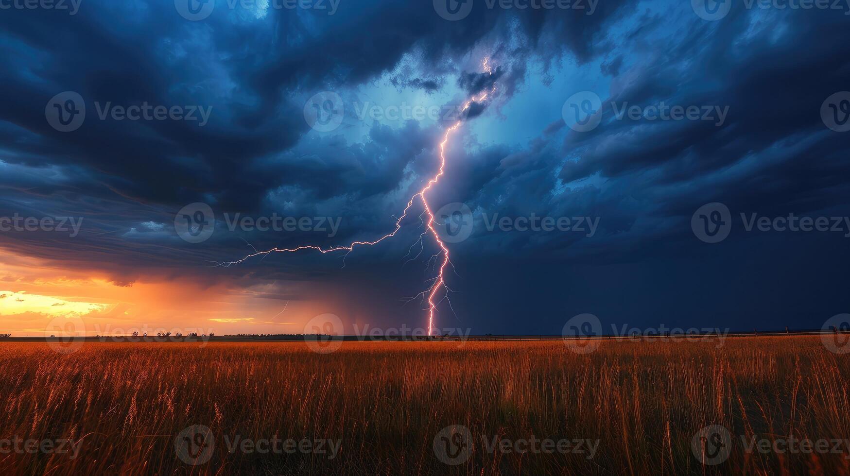 ai généré foudre la grève sur le horizon pendant un électrique orage sur le prairies photo