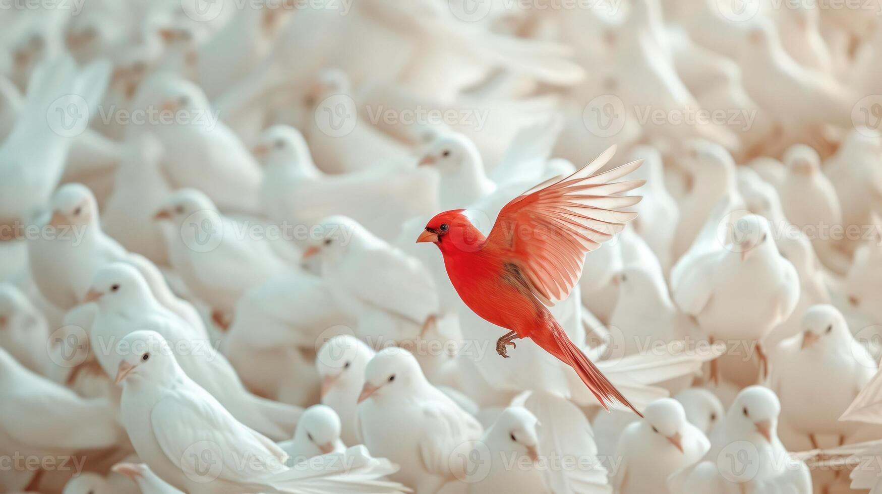 ai généré proche en haut rouge oiseau en volant différent par une groupe de blanc oiseau, Jeu changeur entreprise. ancien filtre style. photo