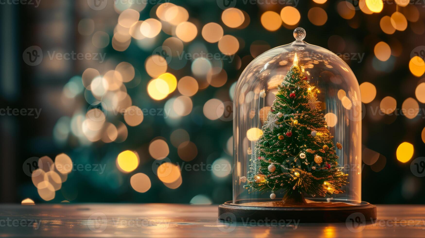 ai généré Noël arbre dans une verre dôme permanent sur une tableau, une fragment de le Noël arbre et bokeh lumières dans le Contexte photo