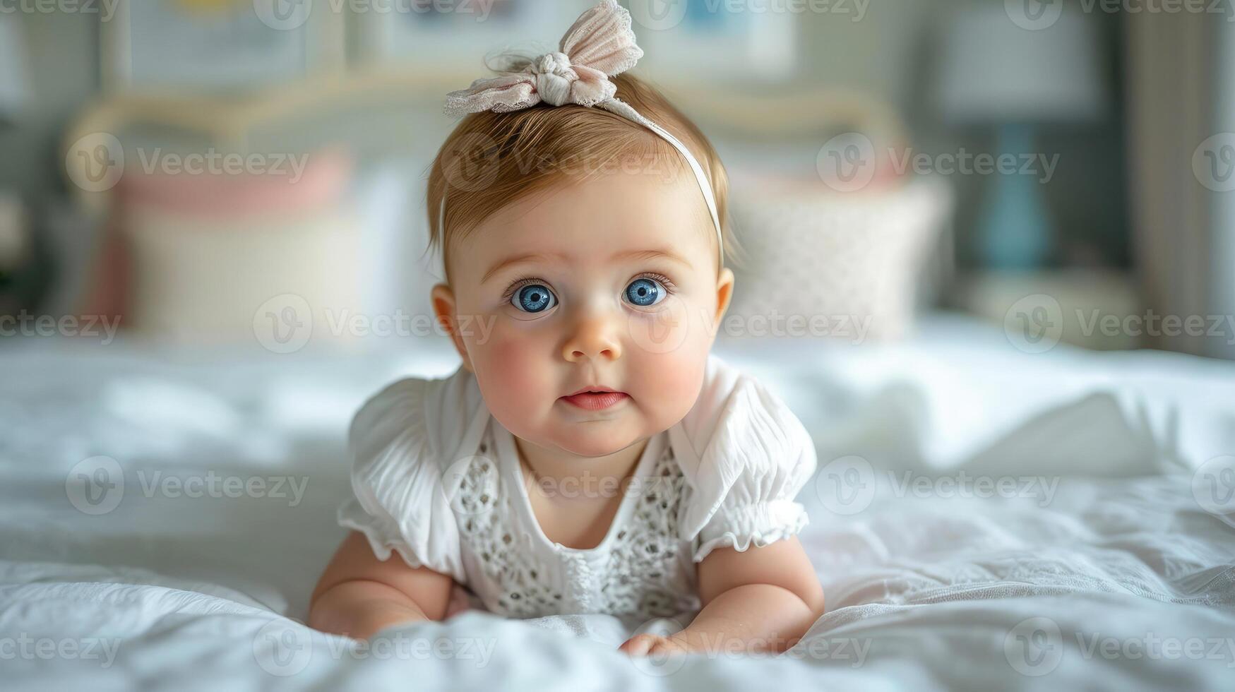 ai généré mignonne adorable bébé fille mensonge sur le lit photo