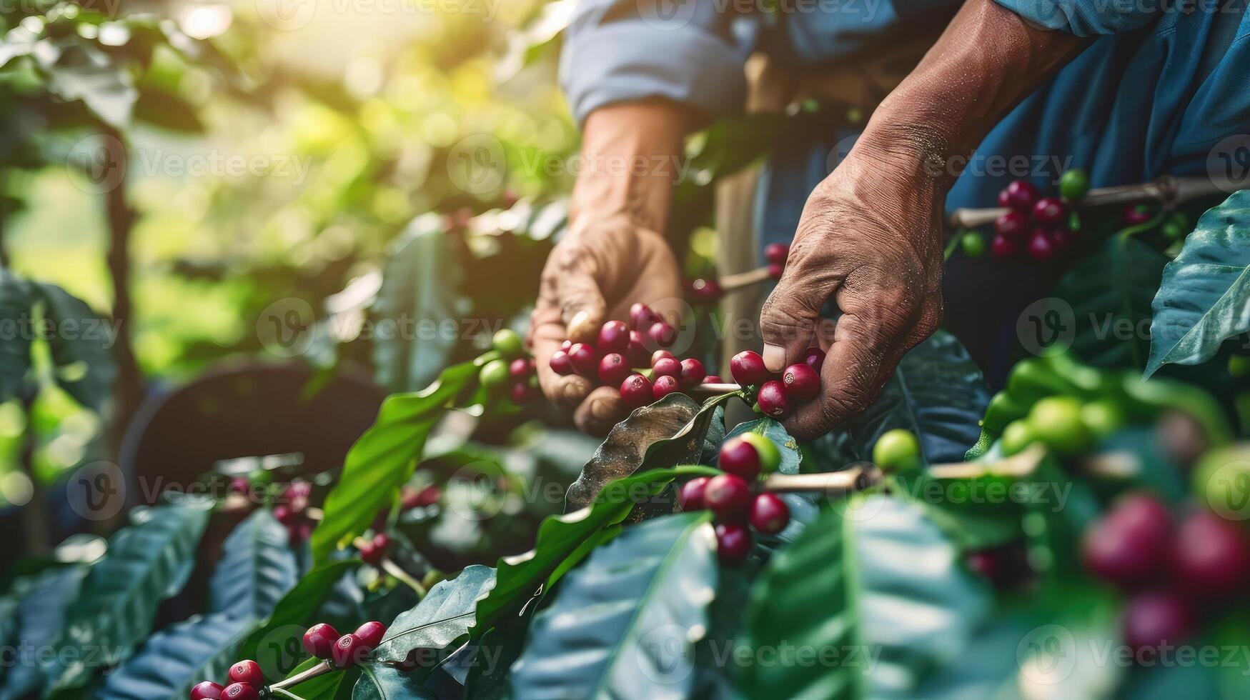 ai généré ouvrier récolte arabica café baies sur ses branche,agriculture économie industrie entreprise, santé nourriture et mode de vie photo