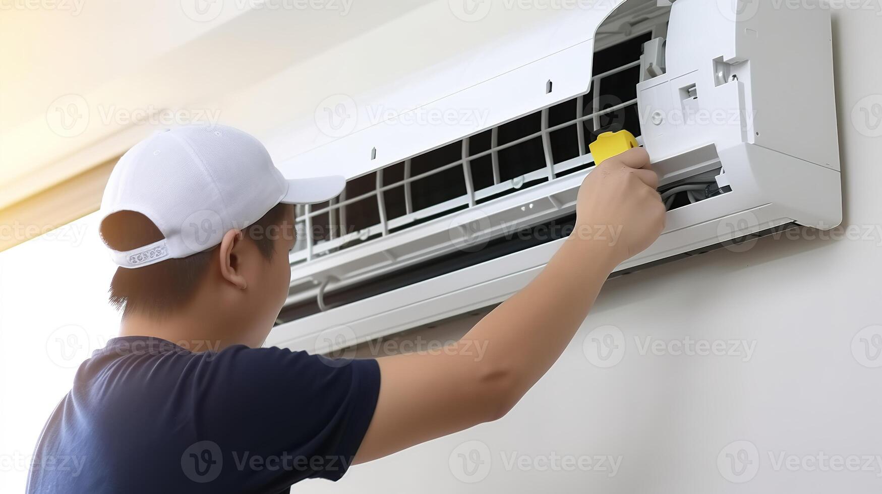 ai généré Masculin technicien vérifier état de air Conditionneur avec Jaune crédit carte. photo