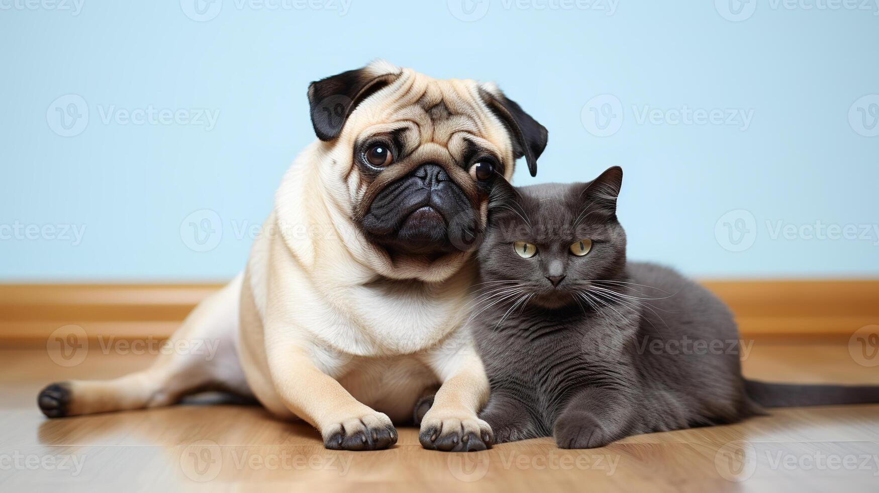 ai généré mignonne chat et carlin chien mensonge sur le sol à Accueil photo