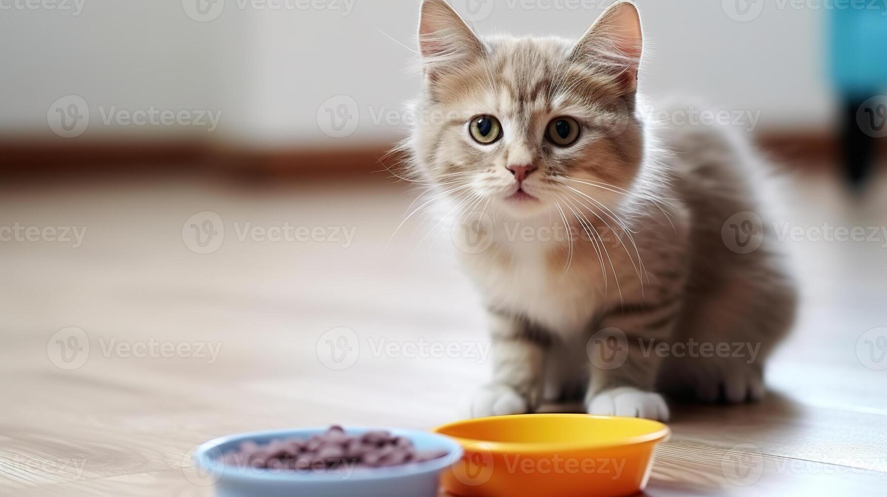 ai généré mignonne chat en mangeant nourriture de bol à maison. animal de compagnie se soucier concept photo