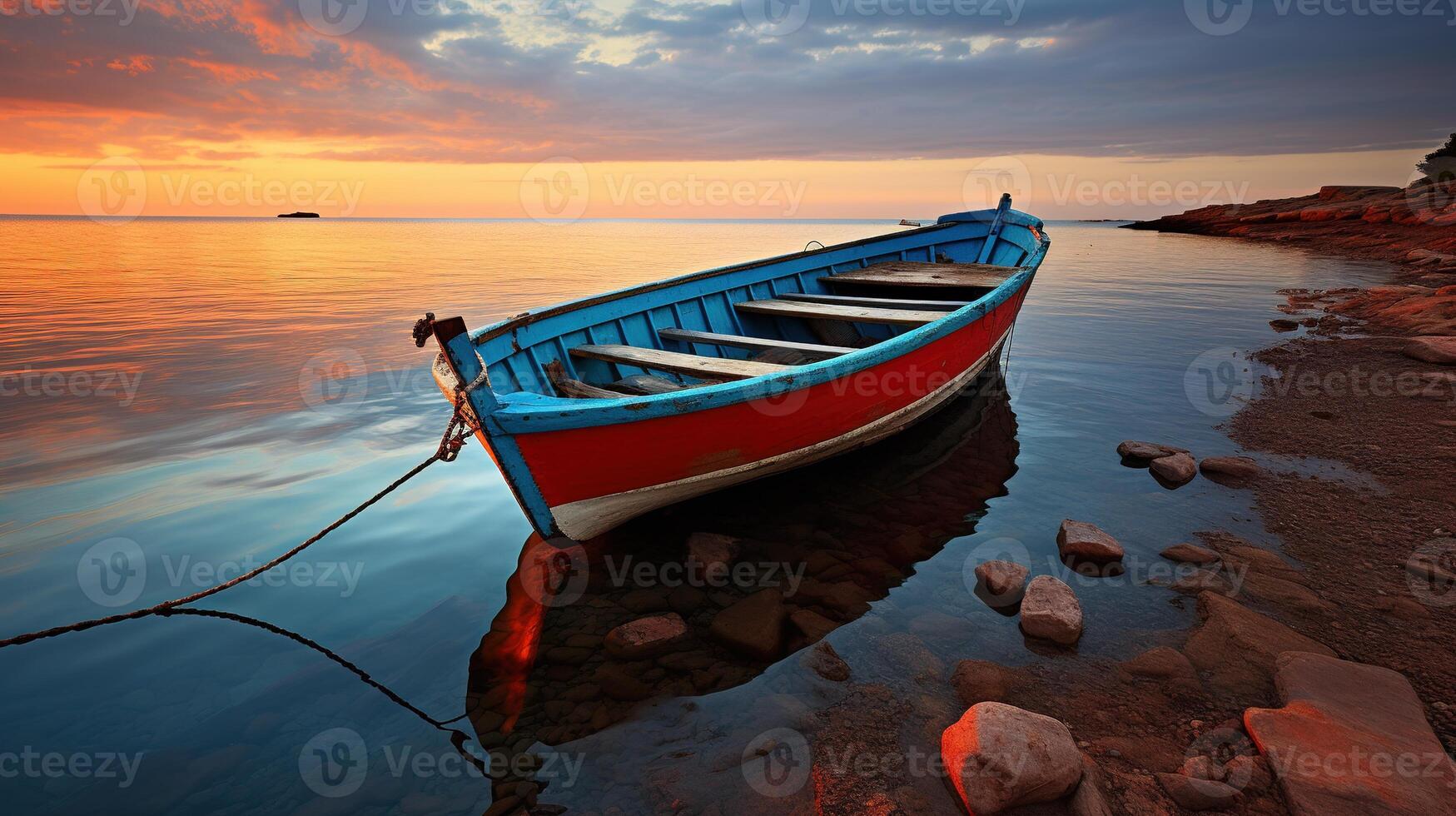 ai généré pêche bateau sur le rive de le adriatique mer à le coucher du soleil photo