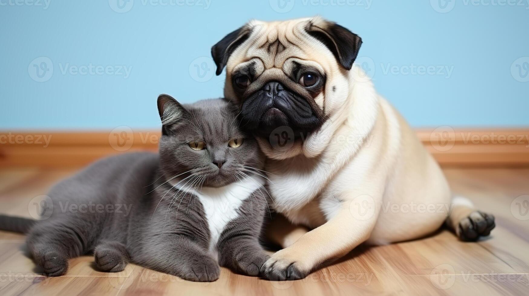 ai généré mignonne carlin chien et chat séance ensemble sur le sol à Accueil photo