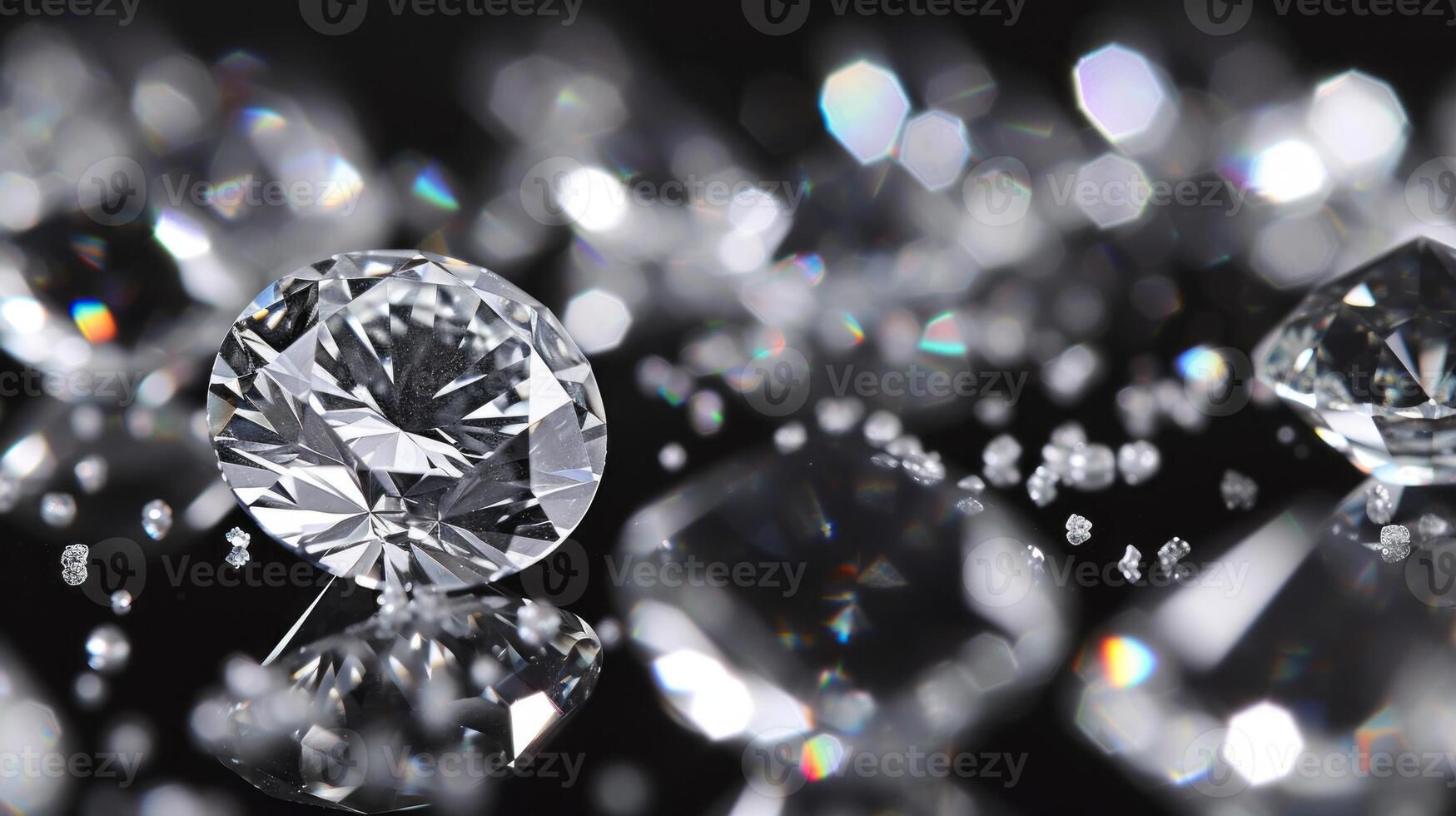 ai généré brillant Couper diamants scintillait intensément, épars sur une réfléchissant surface avec une doux concentrer sur le arrière-plan, mise en évidence le gemme exquis facettes et clarté photo