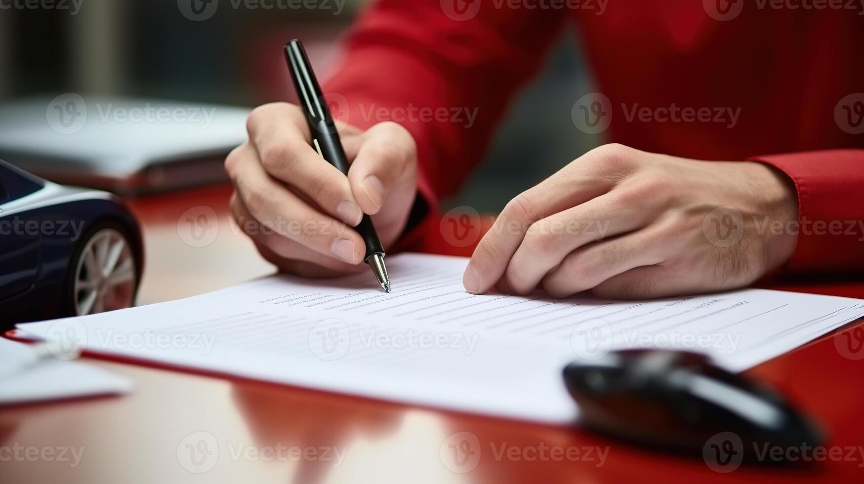 ai généré fermer de homme d'affaire signature Contrat sur bureau avec voiture photo