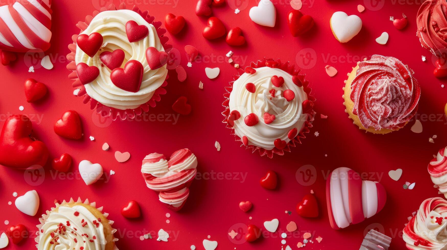 ai généré petit gâteau l'amour sur le thème du cœur traite sur une vibrant rouge toile de fond photo