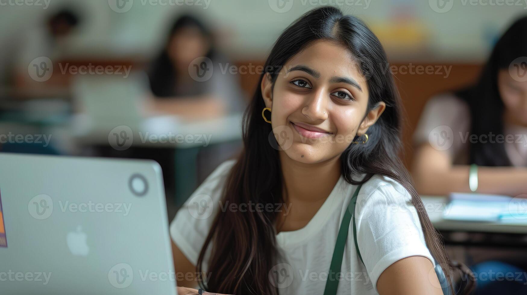 ai généré portrait de une beau, Jeune et intelligent Indien asiatique femme étudiant portant une blanc chemise photo