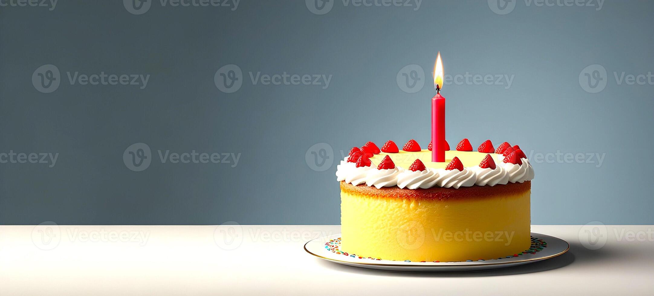 ai généré une délicieux anniversaire gâteau est présenté sur une plaine Contexte photo