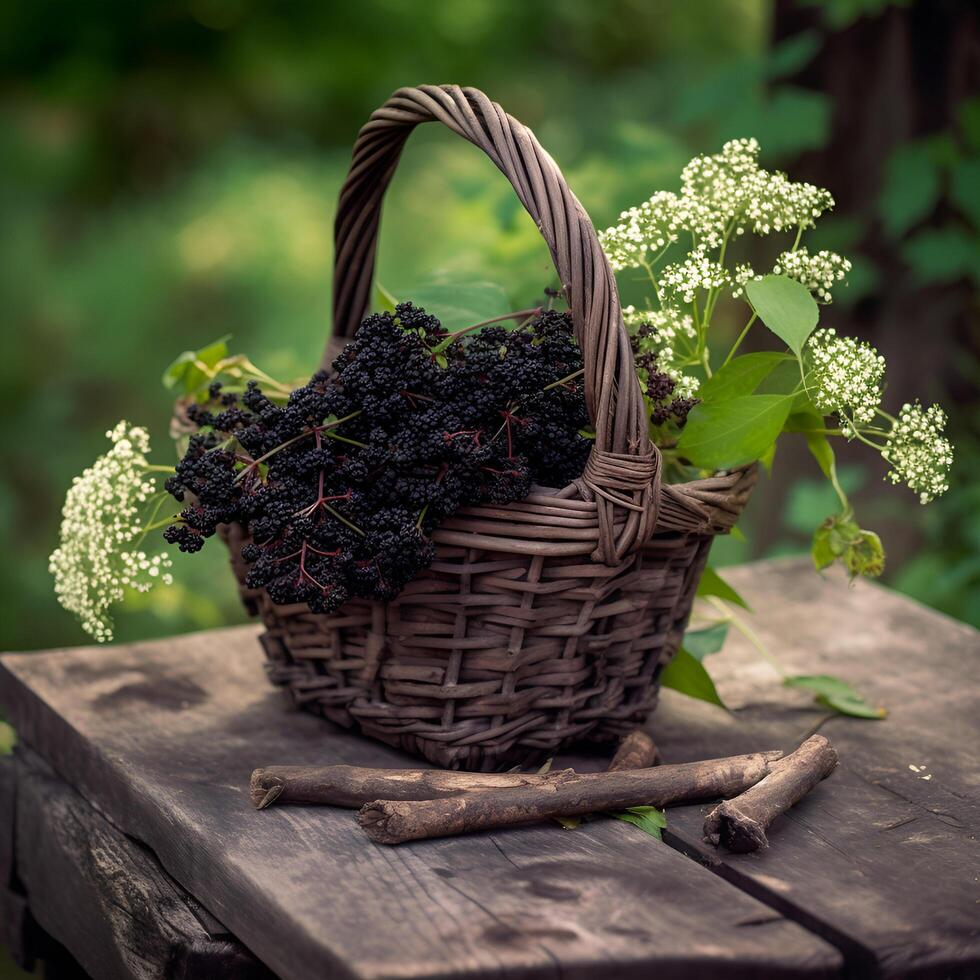 ai généré cueillette baies de épineux buisson moitié plein panier dans une bouquet de mûres photo