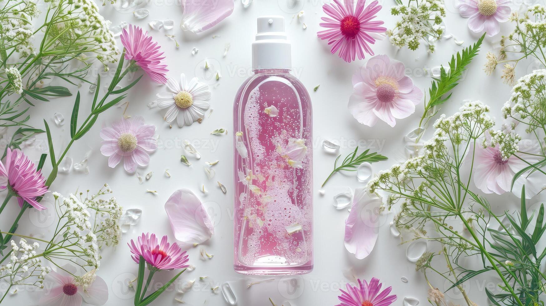 ai généré produits de beauté - beauté produit maquette avec Vide bouteille avec rose liquide savon ou douche gel sur une blanc surface entouré par différent délicat fleur pétales photo