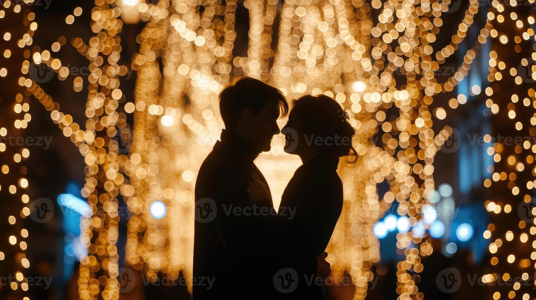 ai généré le enchanteur silhouette de une couple dans l'amour ensemble contre le éblouissant afficher de vacances lumières photo