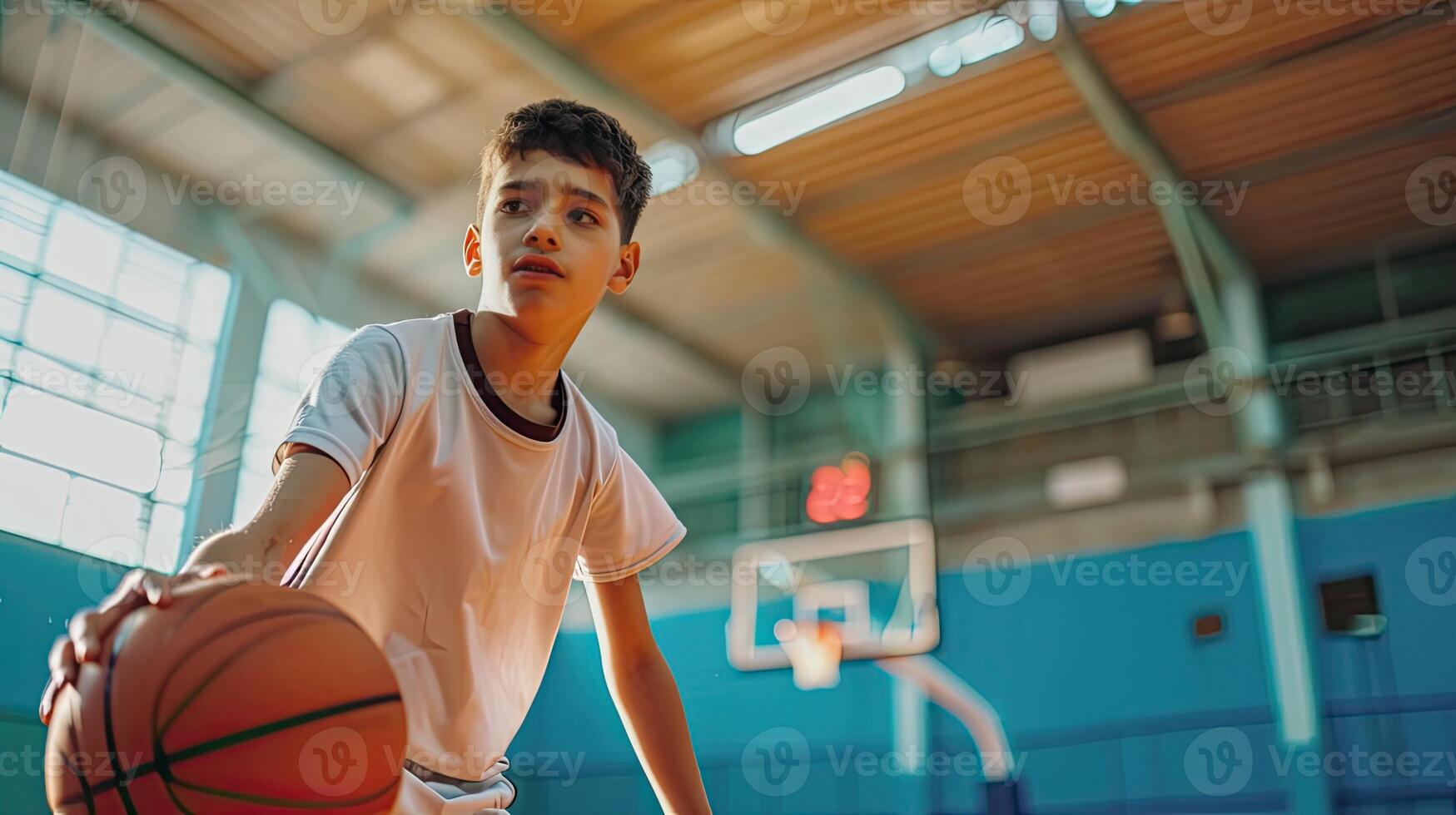 ai généré junior niveau basketball joueur rebondir basket-ball. Jeune basketball joueur avec classique balle. basketball formation session pour jeunesse. école des sports classe photo