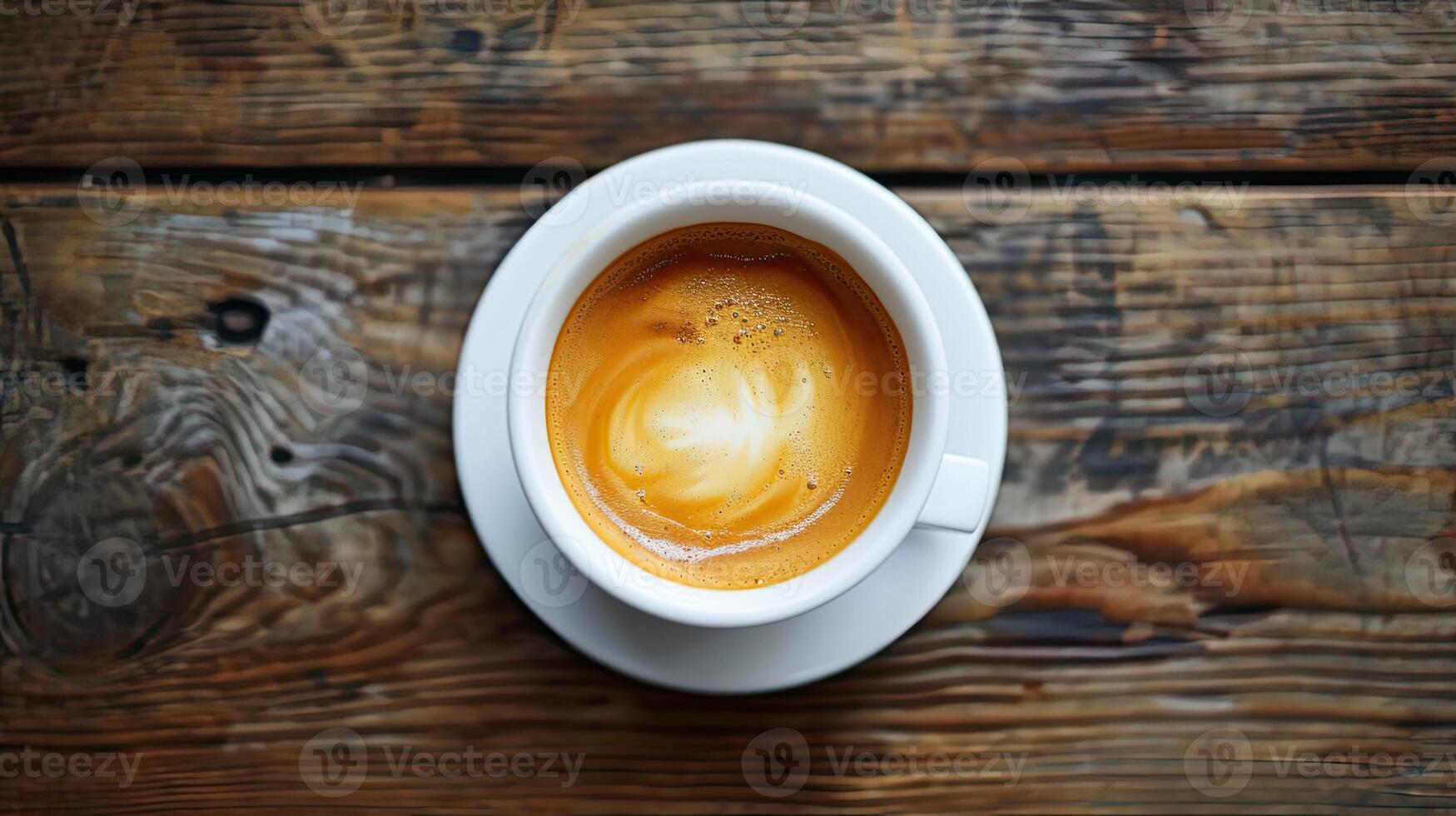 ai généré Haut vue café avec blanc tasse sur bois tableau. photo