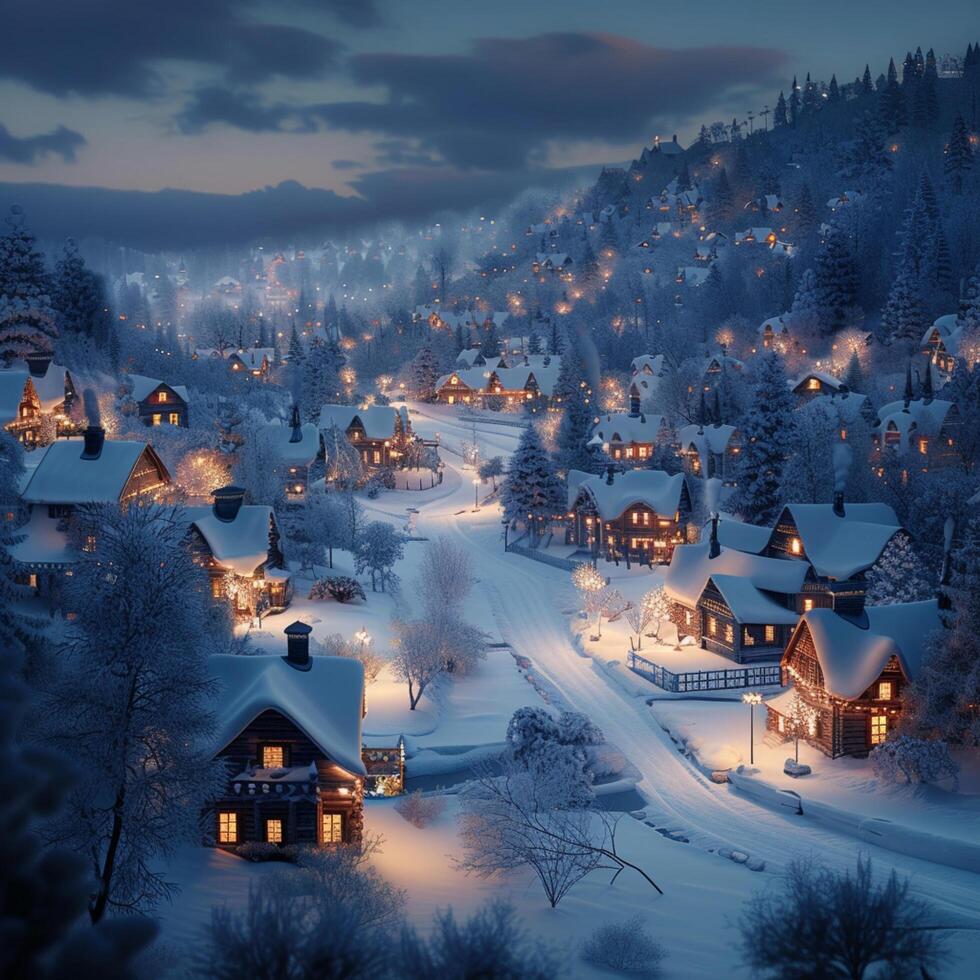 ai généré la nuit dans une neigeux village apporte magique éclairage à alentours pour social médias Publier Taille photo